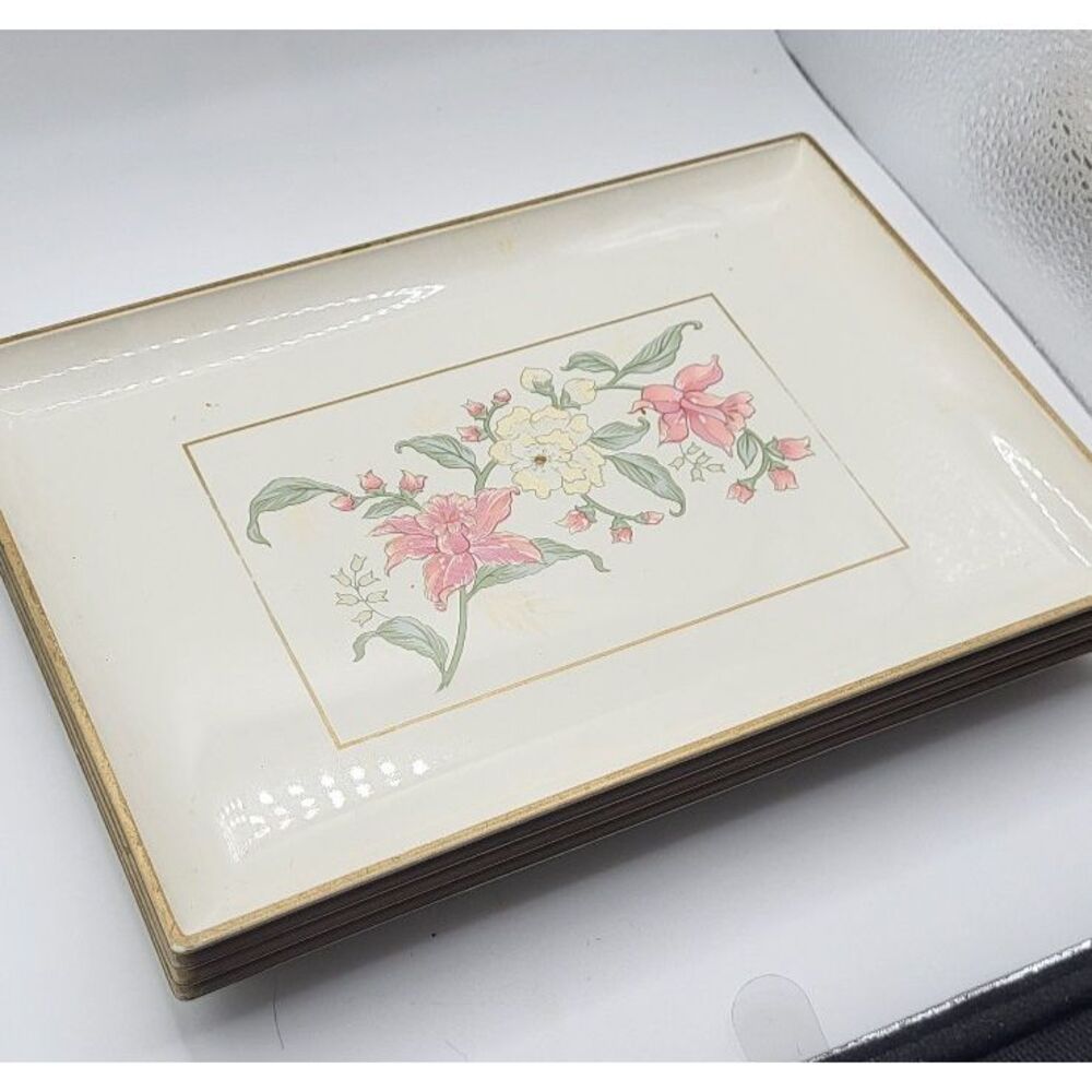 Set of 4 Vintage Otagiri Prima Embossed Flowers Lacquerware Trinket Candy Tray - Picture 4 of 9